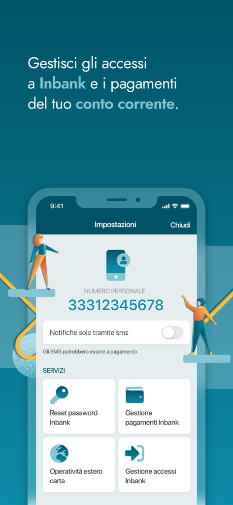 Inbank notify app interface showing account security settings and international card management options