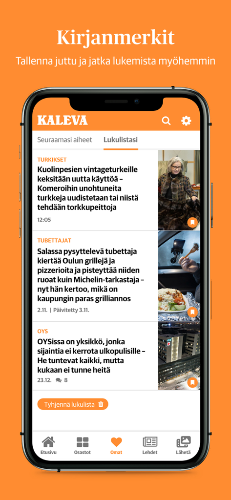 L'écran des signets de l'application d'actualités Kaleva montrant une liste d'articles enregistrés.