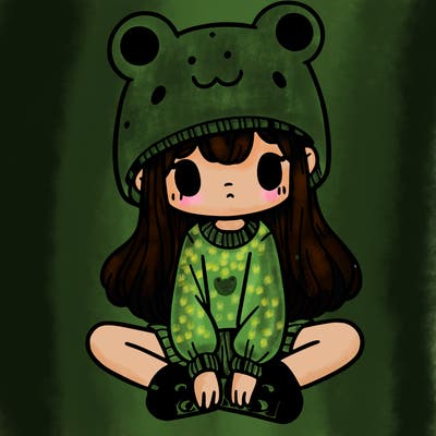 a girl wearing a frog hat and some frog socks