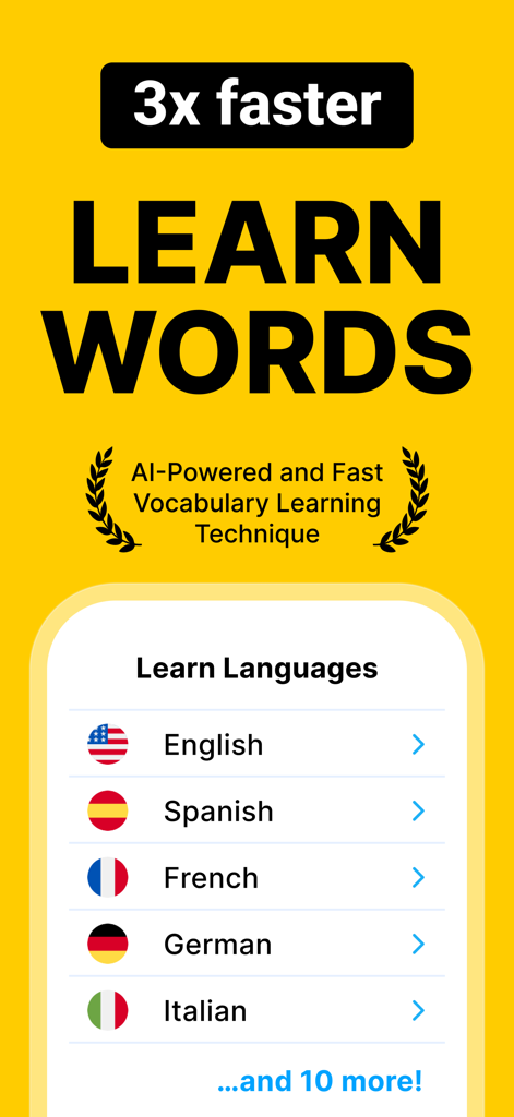 Interfaccia dell'app Blarma che mostra un apprendimento del vocabolario 3 volte più veloce in inglese, spagnolo, francese, tedesco e italiano