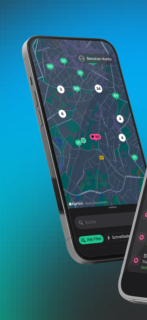 ladeapp – EV charging stations - Interface showing an interactive map of EV charging stations with live status and search filters in dark mode