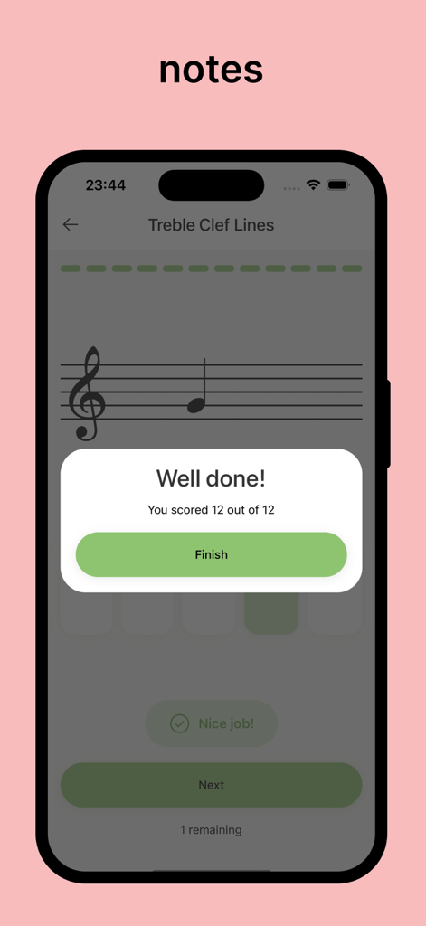 Piano Sheet Notes - A screen from the Piano Sheet Notes app showing a perfect quiz score of 12 out of 12 for treble clef lines
