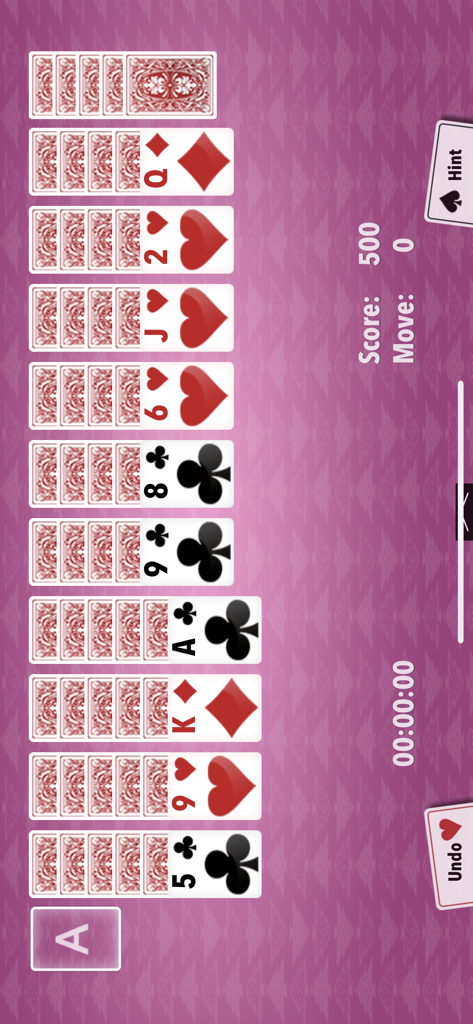 ⊲Spider :) - Juego de cartas Spider Solitario clásico en progreso sobre un fondo de patrón rosa