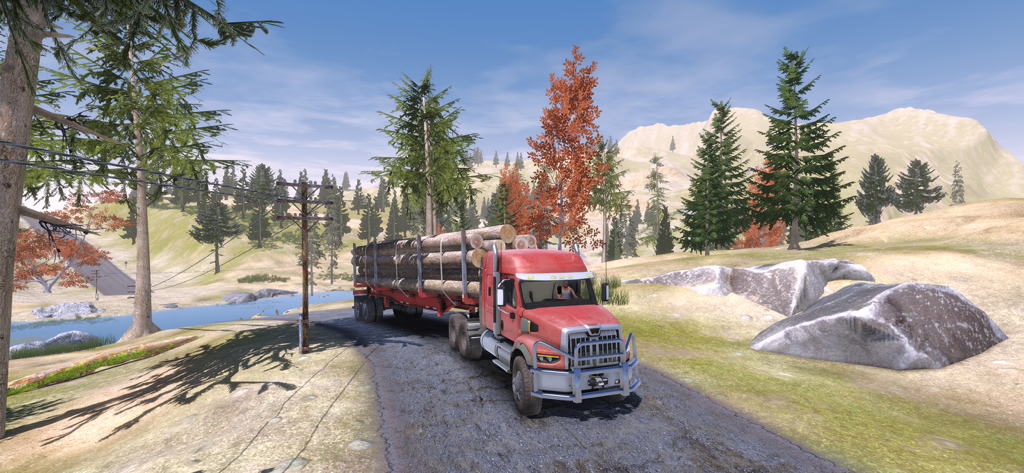 A red truck carrying logs on a mountain trail in Offroad Masters 4x4 Simulator