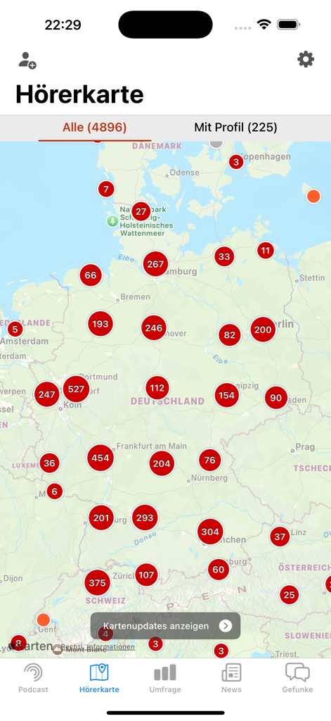 Funkgerät - Eine Karte von Deutschland, die die Verteilung und Anzahl der Apfelfunk-Podcast-Hörer in der Funkgerat-App anzeigt.