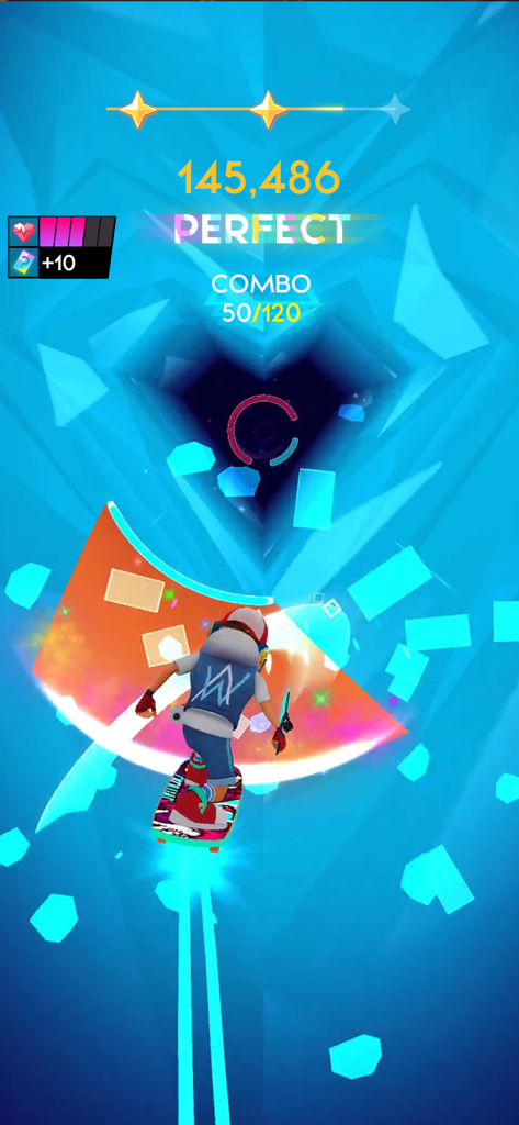 Cyber Surfer: EDM & Skateboard - A character on a skateboard hitting targets in a neon blue tunnel in Cyber Surfer EDM game.