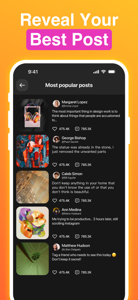 A screen within the app showing a list of most popular posts with their engagement statistics like likes and comments.
