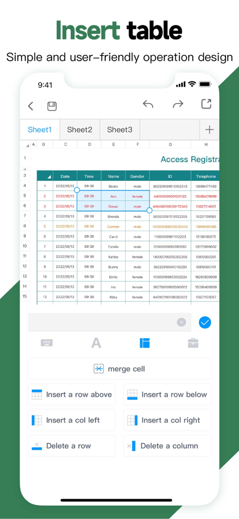 Spreadsheet-xlsx&csv editor - 行と列の挿入と削除などのテーブル管理ツールを示すスプレッドシートエディタのモバイルインターフェイス