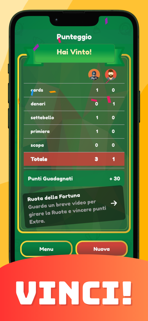 Scopa e Scopone gioco di carte - Schermata dei risultati di Scopa e Scopone con un risultato vincente e il riepilogo dei punti