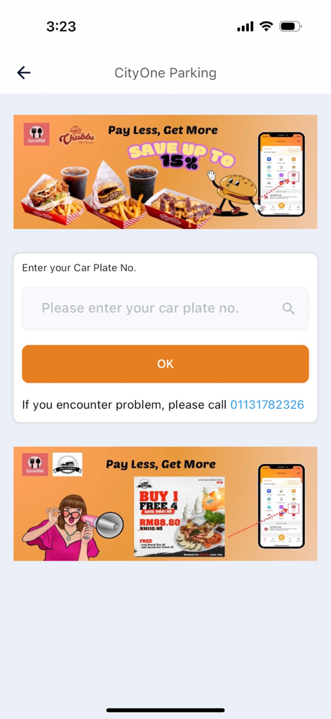 Pay & Go - User interface of the Pay & Go app for CityOne Parking showing a field to enter a car plate number and promotional banners.