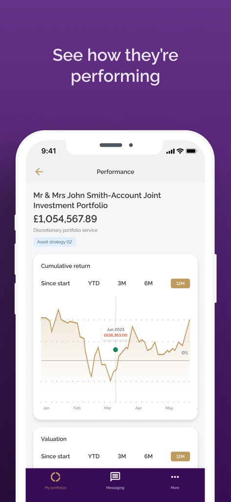 Evelyn Partners Mobile - Screenshot of the Evelyn Partners Mobile app showing a joint investment portfolio performance chart and cumulative returns