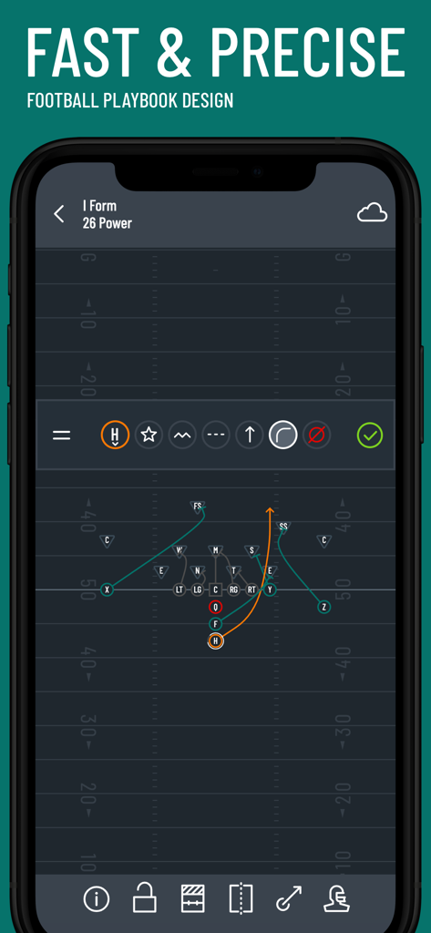 Tackle Football Playmaker X - Tackle Football Playmaker X app interface showing a detailed football play diagram with player positions and route lines