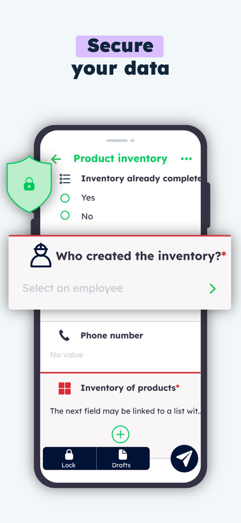 Kizeo Forms, Mobile forms - Aplicación móvil Kizeo Forms que muestra un formulario de inventario digital seguro con funciones de protección de datos