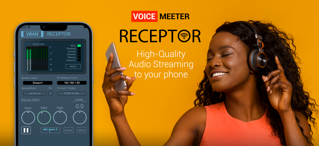 VBAN Receptor - VBAN Receptor app interface on a smartphone alongside a woman listening to high quality audio with headphones