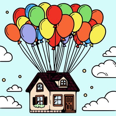 house floating from lots of balloons