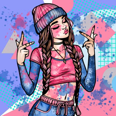 realistic teenage girl with braids and a beanie and crop top doing 🫶🏼