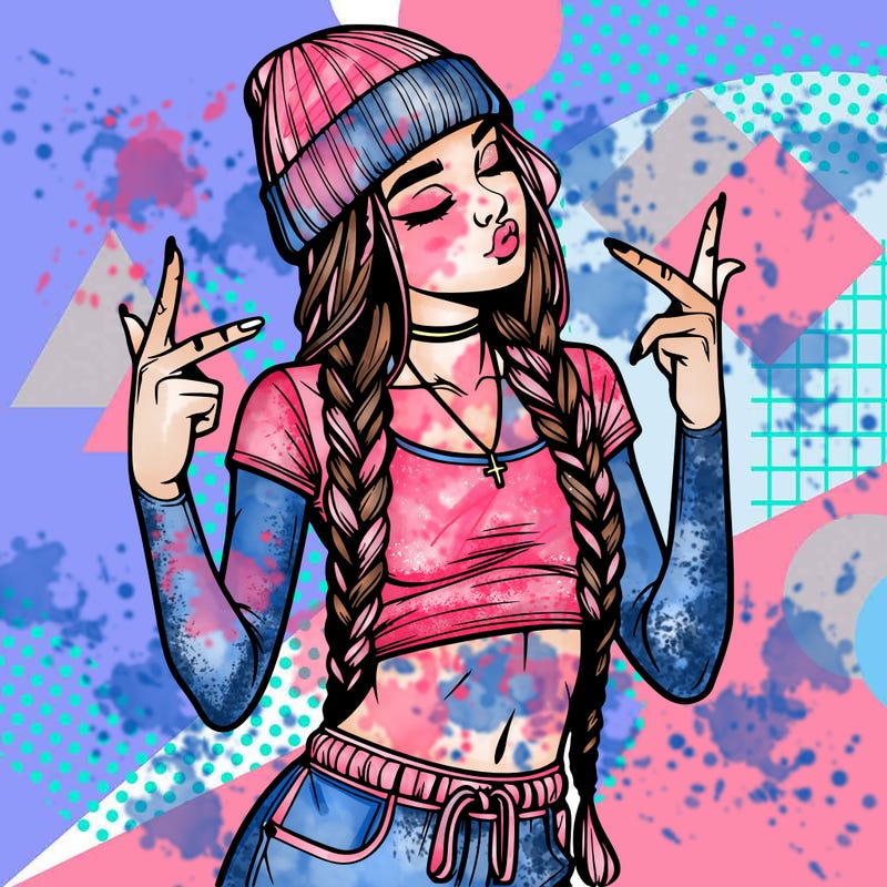 realistic teenage girl with braids and a beanie and crop top doing 🫶🏼