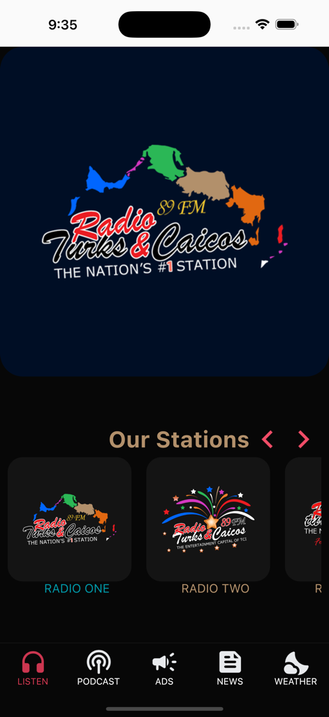 Radio Turks and Caicos - Radio Turks and Caicos mobile app home screen showing various radio station options and navigation menu for podcasts and news