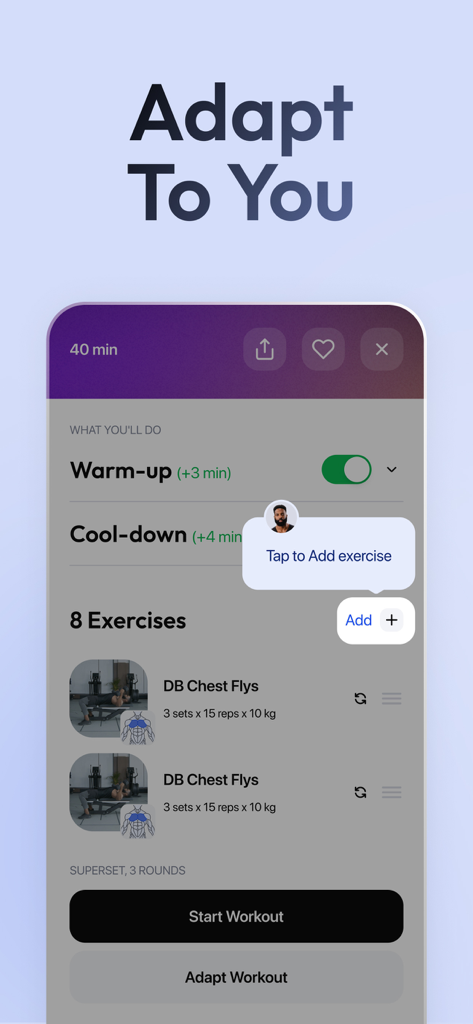 Zing AI: Home & Gym Workouts - Interface of Zing AI app showing a customizable 40-minute workout plan with chest exercises