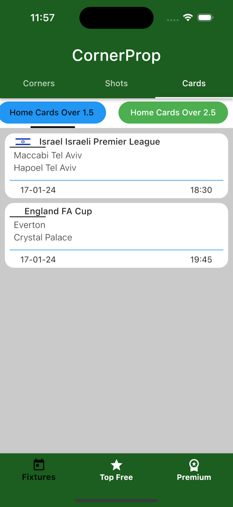 CornerProp- Team Corners Tips - Mobile app screen of CornerProp showing football betting tips for cards and upcoming fixtures