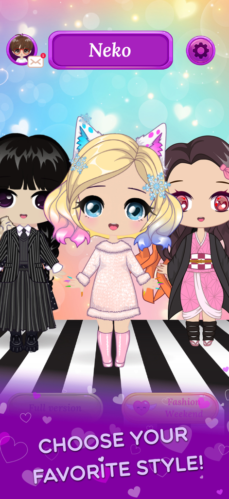 Chibi Dress Up Beauty Salon - Três personagens chibi fofos em diferentes estilos de moda, incluindo roupas de anime e góticas