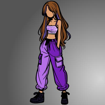 girl in baggy pants crop top and long hair