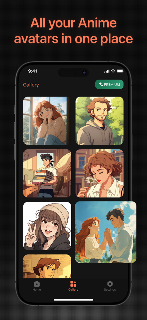 Salty AI 모바일 앱 내의 다양한 애니메이션 스타일 아바타 갤러리 보기