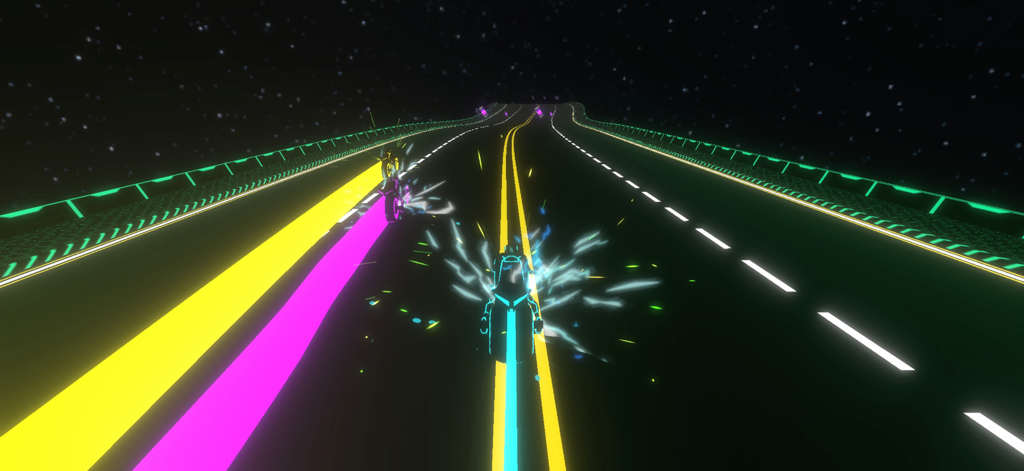 Motos de luz futuristas compitiendo en una pista de neón brillante bajo un cielo estrellado