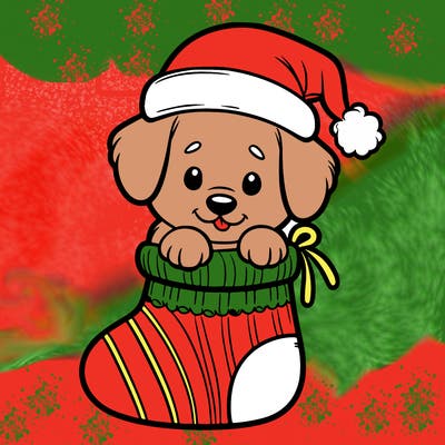 cute puppy wearing santa hat in socking