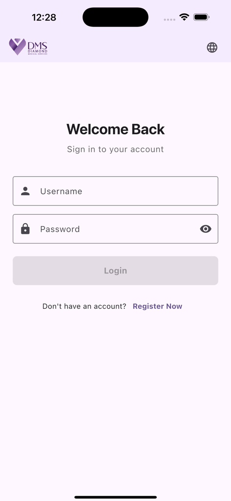 DMS Careアプリのログイン画面。ユーザー名とパスワードのフィールドが表示されています。
