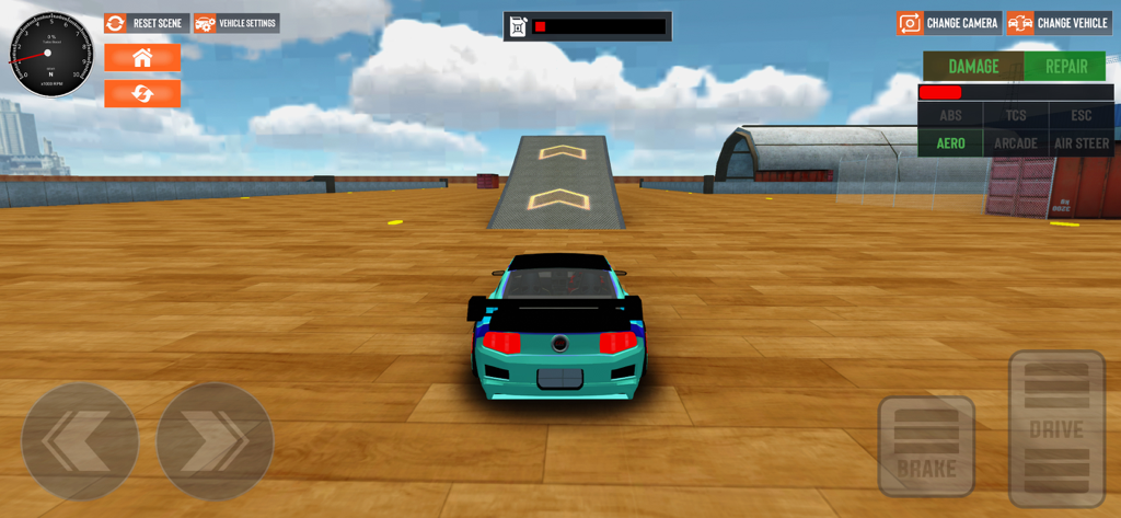 A teal sports car facing a stunt ramp in a 3D driving simulator game