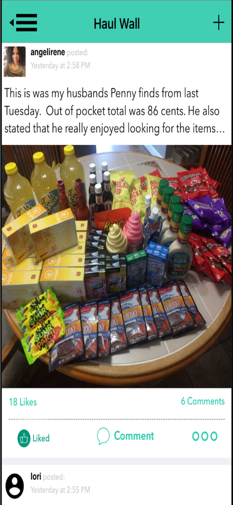 Community post on the Penny Finder Haul Wall showing a table full of groceries bought for 86 cents.