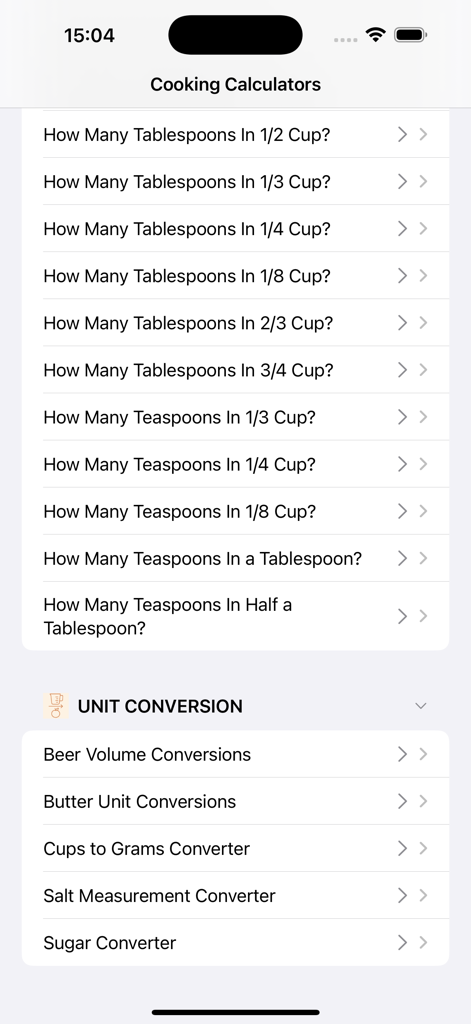 Cooking Baking Calculators - Menu of cooking measurement and unit conversion calculators in the mobile app