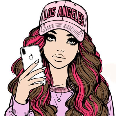 realistic beautiful girl wearing los ángeles cap holding an iphone