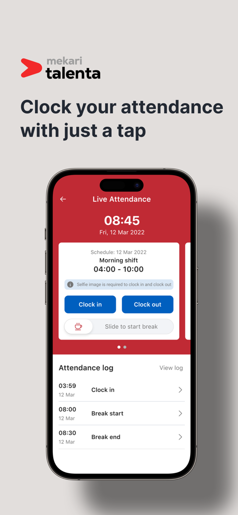 Talenta - 직원 출퇴근 기록을 위한 탈렌타 모바일 앱 화면