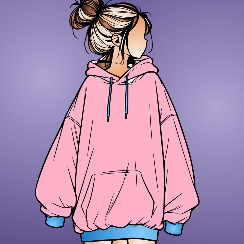 realistic girl with a oversized sweatshirt on and a bun
