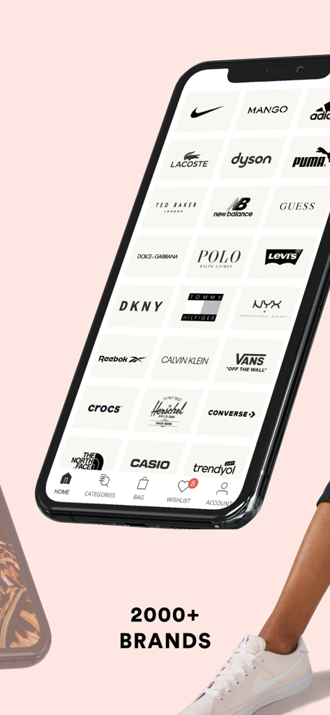 SIVVI Online Shopping سيفي - SIVVI app interface displaying a grid of over 2000 global fashion and lifestyle brands including Nike, Mango, and Lacoste