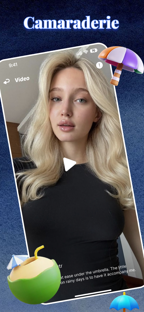 Palmo app screen featuring a woman in a video profile with the word Camaraderie and umbrella icons