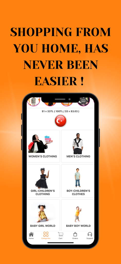 1 Click - To Shop - 1 Click - To Shop mobile app interface showing categories for men, women, children and baby clothing.