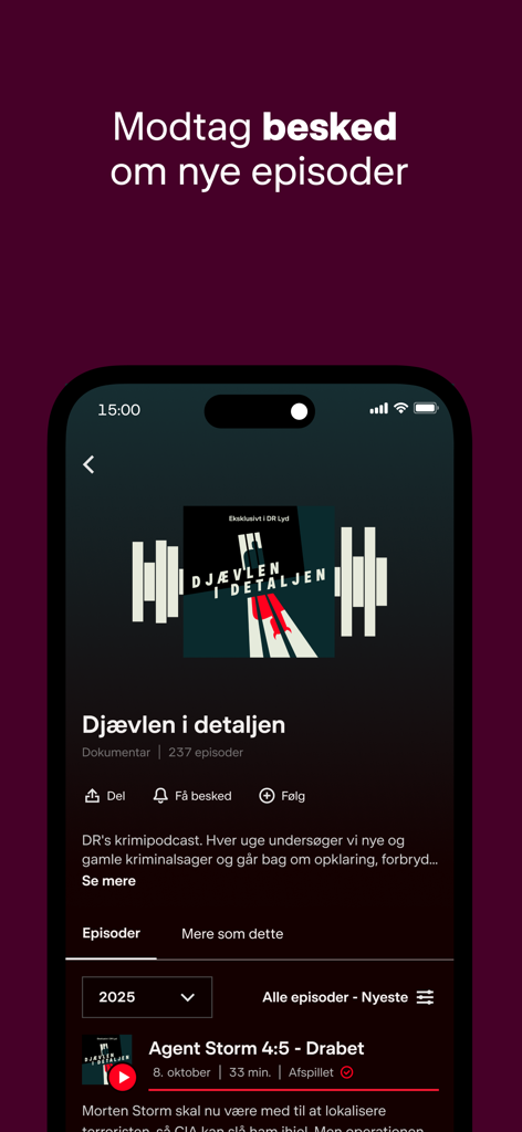 DR LYD - A smartphone screen displaying the DR LYD app podcast details for Djaevlen i detaljen with a notification prompt at the top