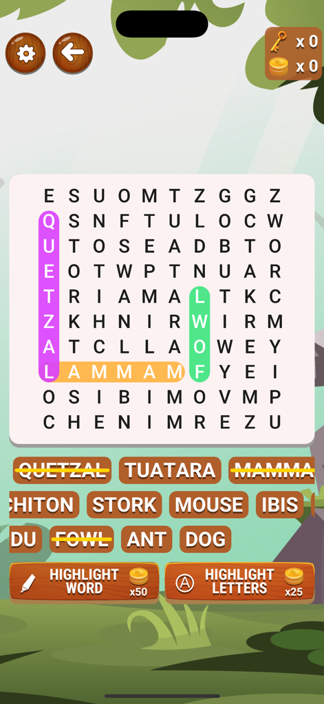A word search puzzle grid in the Word Hunt app showing highlighted words and a list of animal names to find