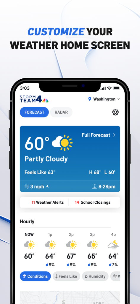 La interfaz de la aplicación NBC4 Washington muestra una pantalla de inicio meteorológica personalizable con pronósticos y alertas locales de DC.