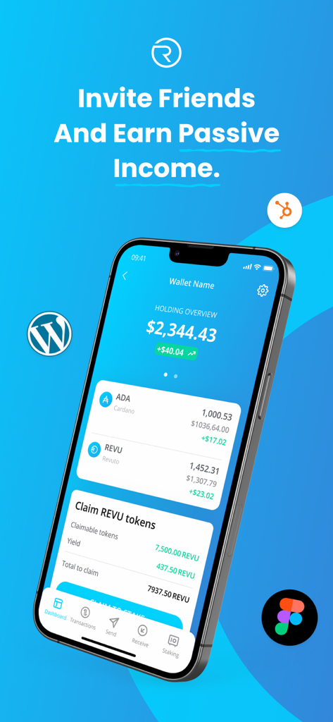 Revuto - Revuto mobile app screen showing crypto wallet holdings and referral program for earning passive income