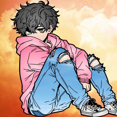 a male hoddie ripped jeans messy hair anime