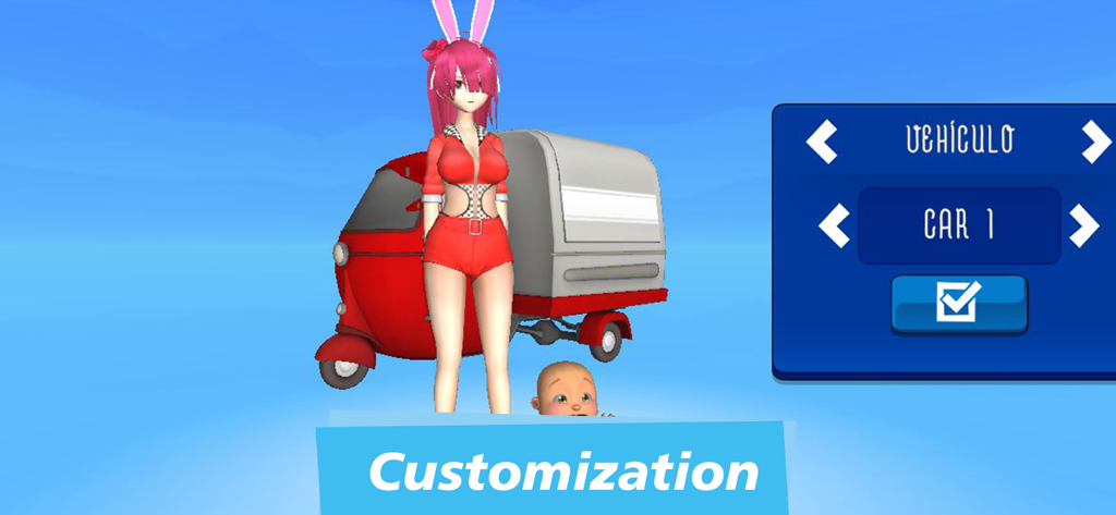 Anime Island Multiplayer: WS - Pantalla de personalización en Anime Island Multiplayer con una chica de anime con orejas de conejo y un vehículo rojo