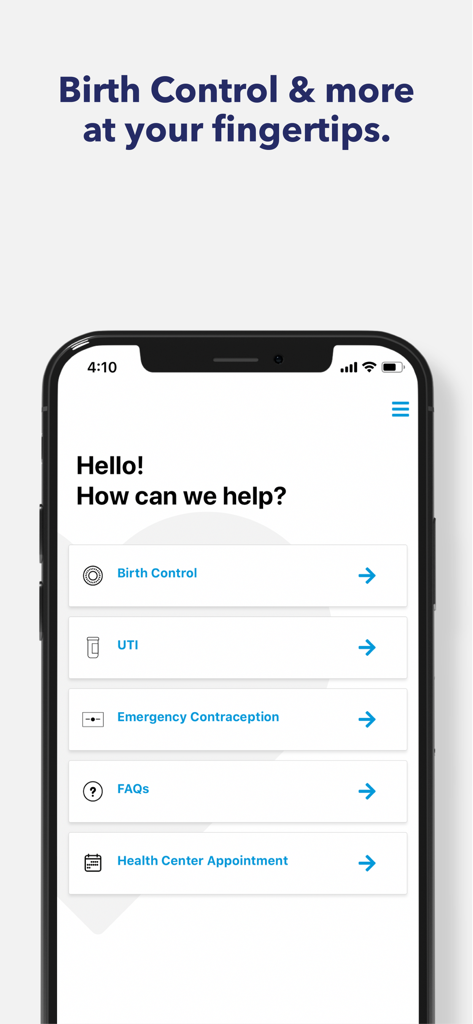 Planned Parenthood Direct℠ - Menú principal de la aplicación Planned Parenthood Direct que muestra opciones para anticonceptivos, tratamiento de infecciones urinarias y citas médicas.