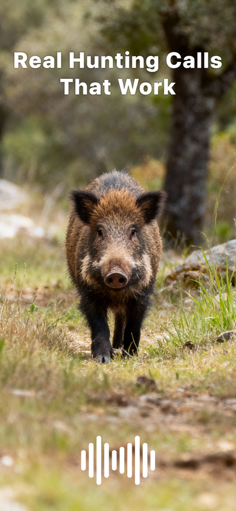 Hunting Calls: Hog, Pig & Boar - A wild boar walking in the woods with text overlay stating Real Hunting Calls That Work