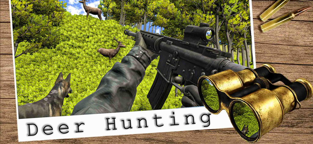 Wild Animal Deer Hunting Game - First person shooter view of hunting deer in a forest with a rifle and hunting dog