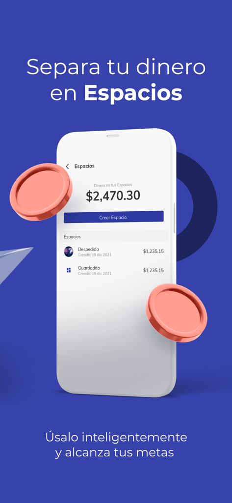 albo - Tu dinero, más tuyo - Interfaz de la app de Albo que muestra Espacios para organizar ahorros y alcanzar metas financieras.