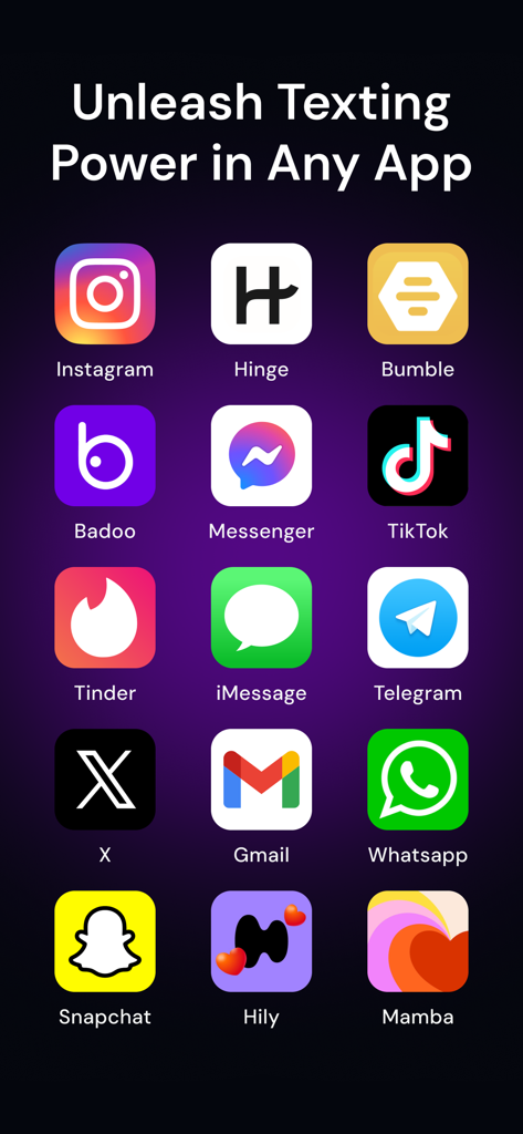 Flirtonic: AI Dating Assistant - A grid of icons for popular social media and dating apps like Tinder, Bumble, Hinge, and Instagram showing compatibility with Flirtonic